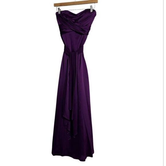 David Meister Purple Satin Strapless Cocktail Midi Dresss Size 4 - Picture 12 of 13